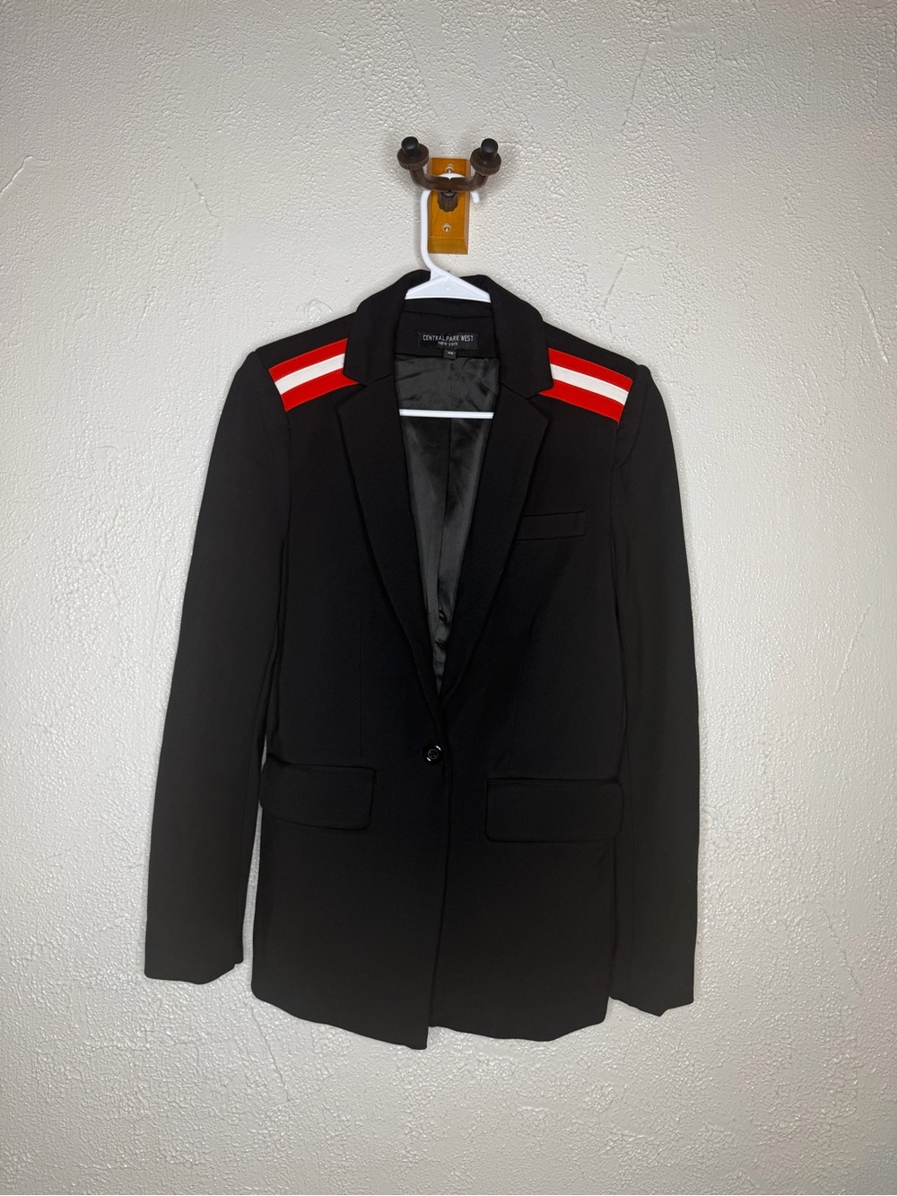 Central Park West Black Blazer with Red and White Shoulder Stripes